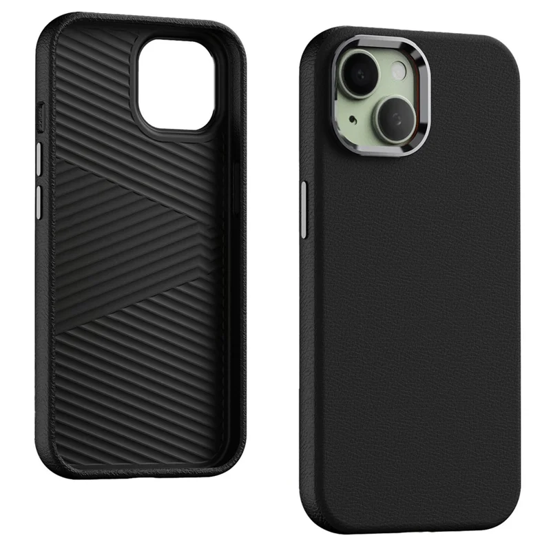 For iPhone 15 Plus Case Leather Covered Hard PC Phone Shell with Metal Lens Frame - Black