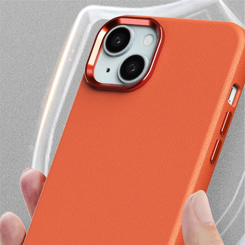 For iPhone 15 Plus Case Leather Covered Hard PC Phone Shell with Metal Lens Frame - Black
