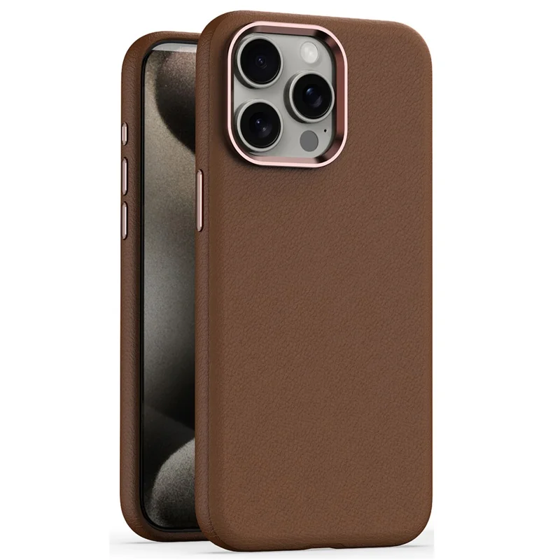 For iPhone 15 Pro Max Case PC+PU Leather Anti-drop Phone Cover Compatible with MagSafe - Brown