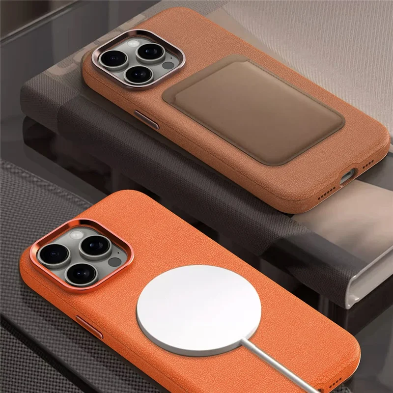 For iPhone 15 Pro Max Case PC+PU Leather Anti-drop Phone Cover Compatible with MagSafe - Brown