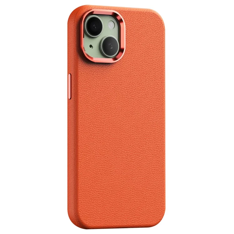For iPhone 15 Case Metal Lens Frame PC+PU Leather Phone Cover Compatible with MagSafe - Orange