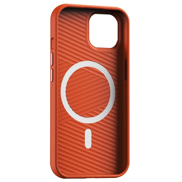 For iPhone 15 Case Metal Lens Frame PC+PU Leather Phone Cover Compatible with MagSafe - Orange