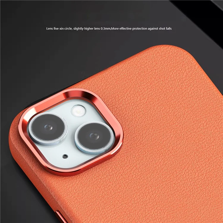 For iPhone 15 Case Metal Lens Frame PC+PU Leather Phone Cover Compatible with MagSafe - Orange