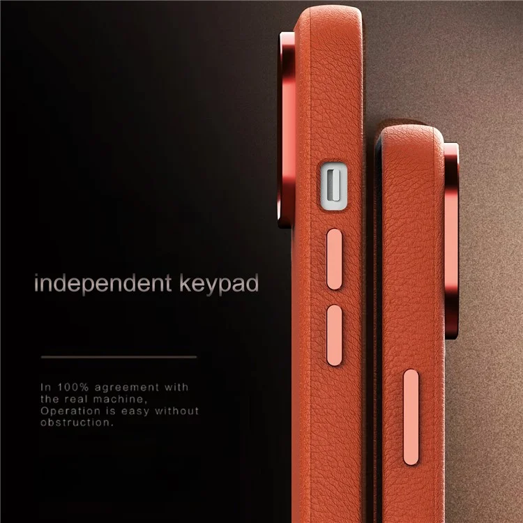 For iPhone 15 Case Metal Lens Frame PC+PU Leather Phone Cover Compatible with MagSafe - Orange