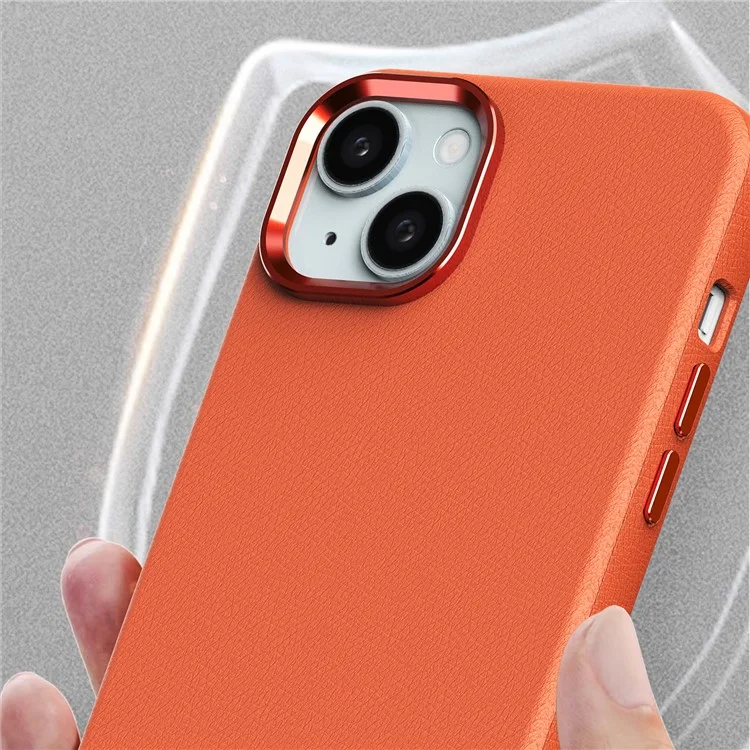 For iPhone 15 Case Metal Lens Frame PC+PU Leather Phone Cover Compatible with MagSafe - Orange
