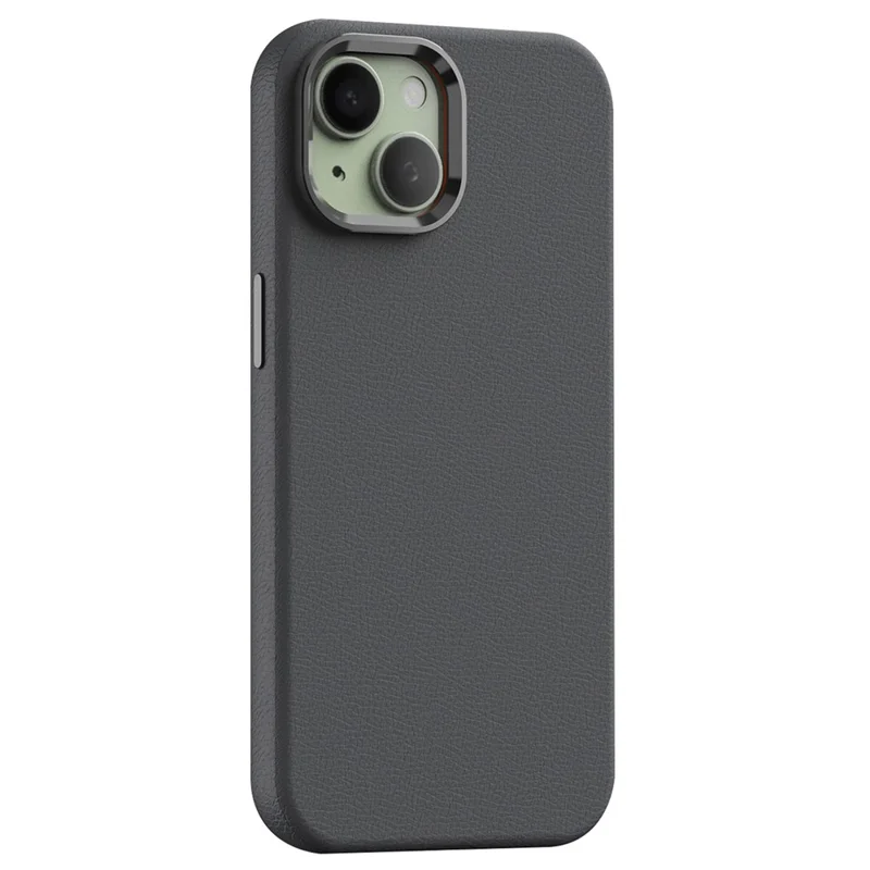 For iPhone 15 Case Metal Lens Frame PC+PU Leather Phone Cover Compatible with MagSafe - Grey