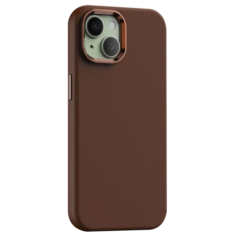 For iPhone 15 Case Metal Lens Frame PC+PU Leather Phone Cover Compatible with MagSafe - Brown