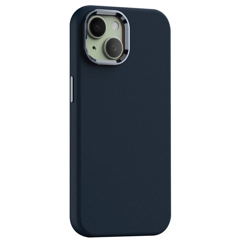 For iPhone 15 Case Metal Lens Frame PC+PU Leather Phone Cover Compatible with MagSafe - Dark Blue