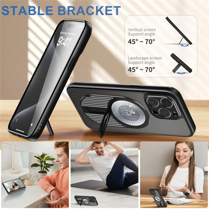 For iPhone 14 Pro Kickstand Case Graphene Heat Dissipation Silicone+PC Phone Case - Black