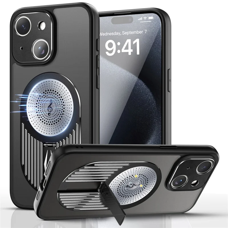 For iPhone 14 Case Kickstand Silicone+PC Phone Cover Graphene Heat Dissipation - Black