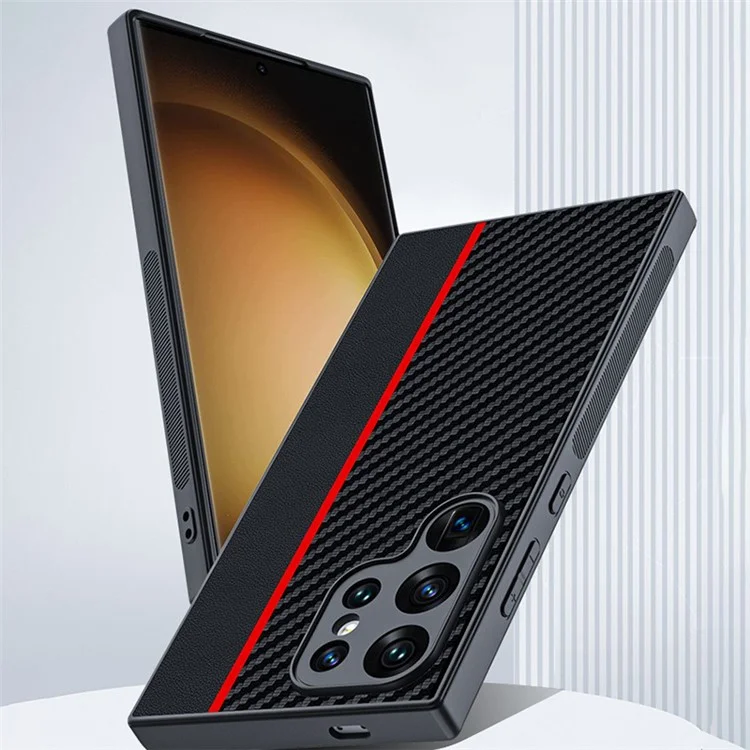 Para Samsung Galaxy S24 Ultra Case Leather+PC Hard Phone Cover Carbon Fiber Texture - Preto / Vermelho