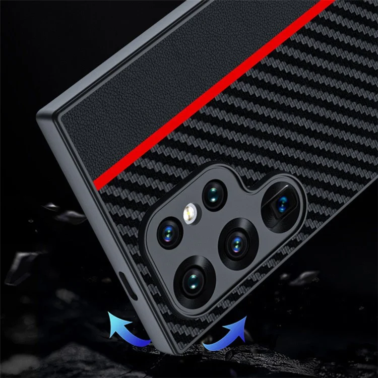 Para Samsung Galaxy S24 Ultra Case Leather+PC Hard Phone Cover Carbon Fiber Texture - Preto / Vermelho