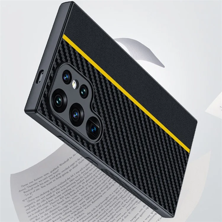 Para Samsung Galaxy S24 Ultra Case Leather+PC Hard Phone Cover Carbon Fiber Texture - Preto / Vermelho