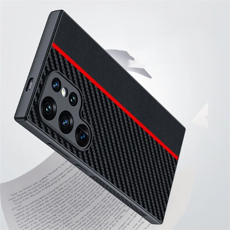 Para Samsung Galaxy S24 Ultra Case Leather+PC Hard Phone Cover Carbon Fiber Texture - Preto / Vermelho