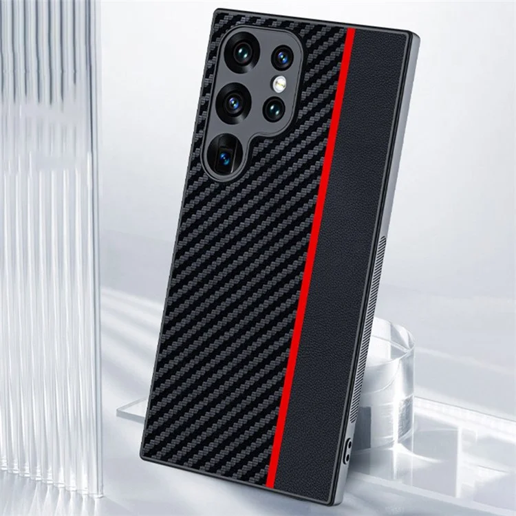 Para Samsung Galaxy S24 Ultra Case Leather+PC Hard Phone Cover Carbon Fiber Texture - Preto / Vermelho