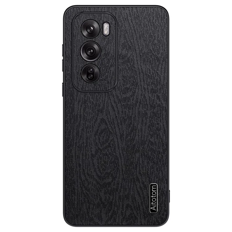 Para Oppo Reno12 Pro (china) Case Wood Grão de Couro Com Revestimento de Couro+tpu Capa de Telefone - Preto