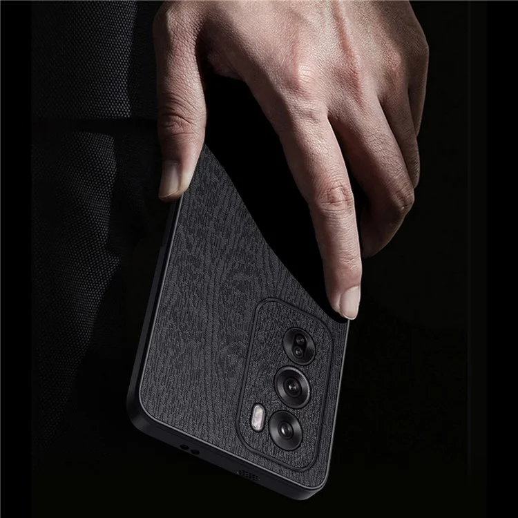 Para Oppo Reno12 Pro (china) Case Wood Grão de Couro Com Revestimento de Couro+tpu Capa de Telefone - Preto