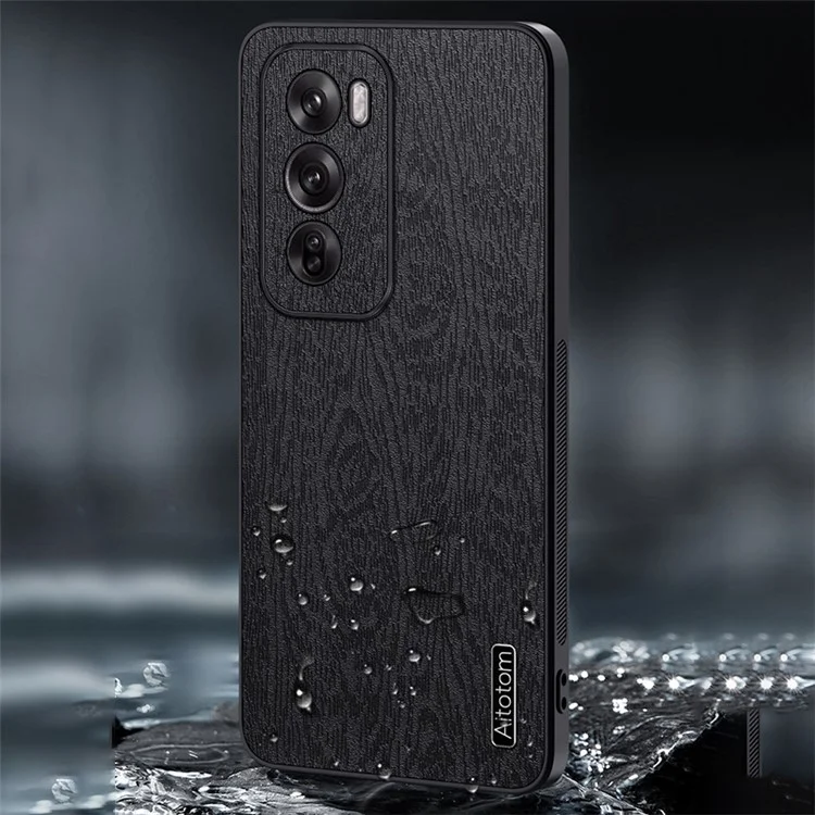 Para Oppo Reno12 Pro (china) Case Wood Grão de Couro Com Revestimento de Couro+tpu Capa de Telefone - Preto