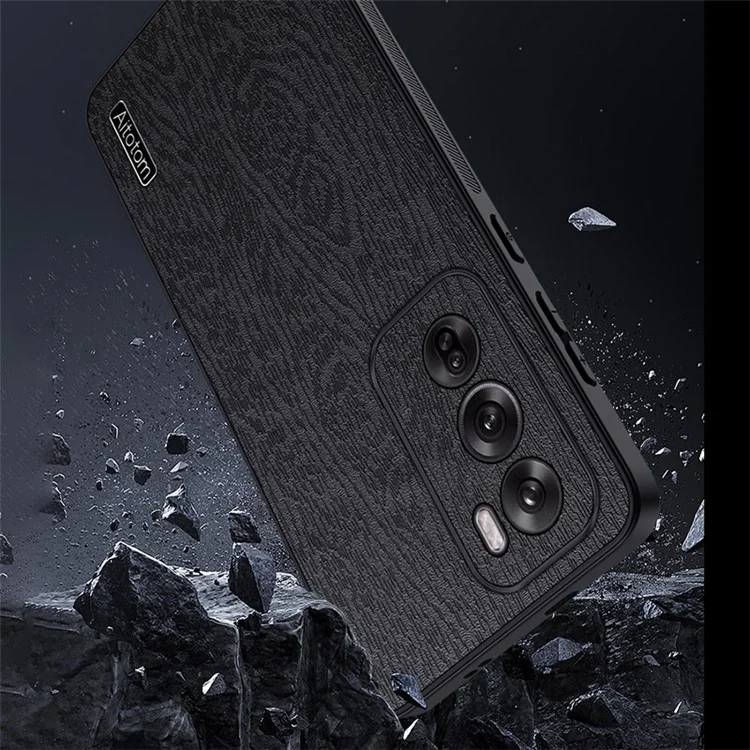 Para Oppo Reno12 Pro (china) Case Wood Grão de Couro Com Revestimento de Couro+tpu Capa de Telefone - Preto