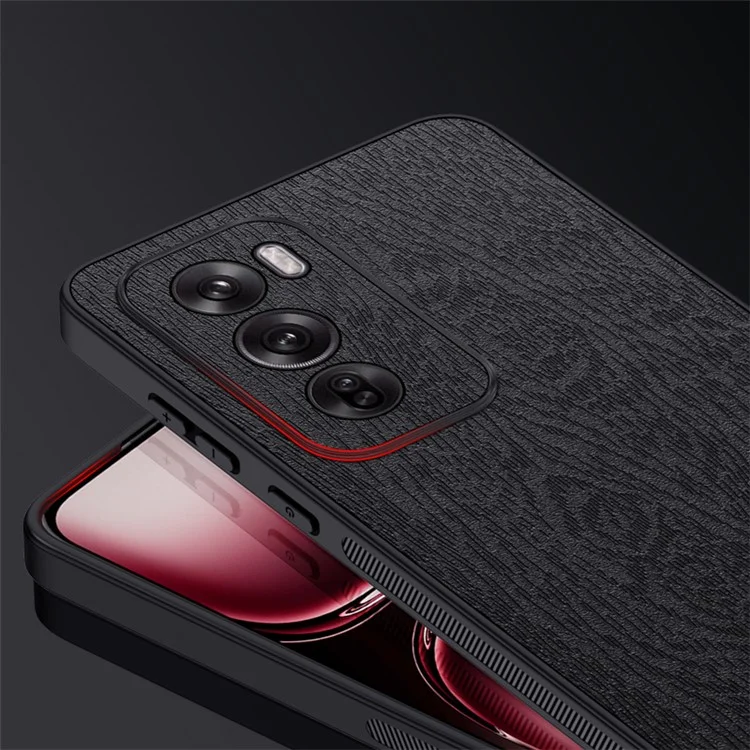 Para Oppo Reno12 Pro (china) Case Wood Grão de Couro Com Revestimento de Couro+tpu Capa de Telefone - Preto