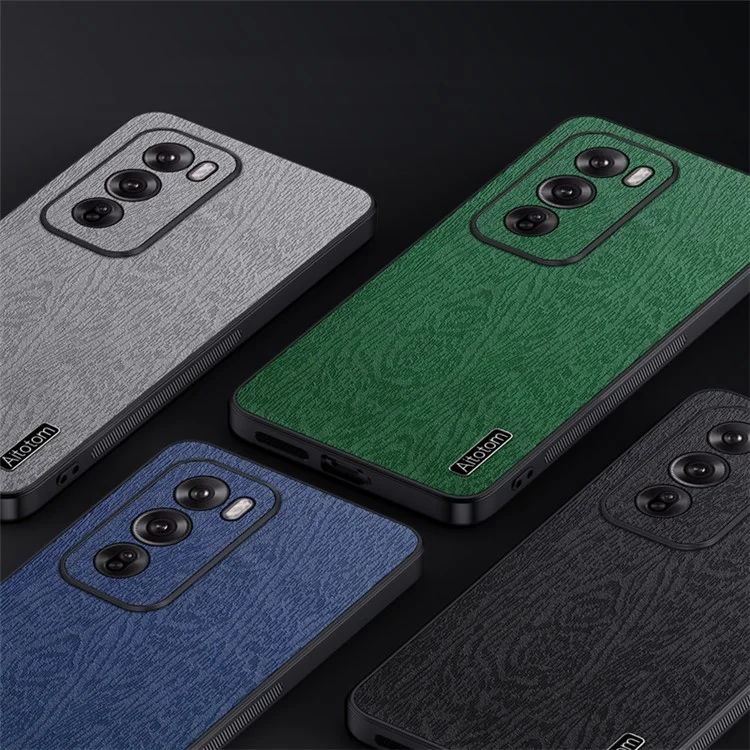 Para Oppo Reno12 Pro (china) Case Wood Grão de Couro Com Revestimento de Couro+tpu Capa de Telefone - Preto