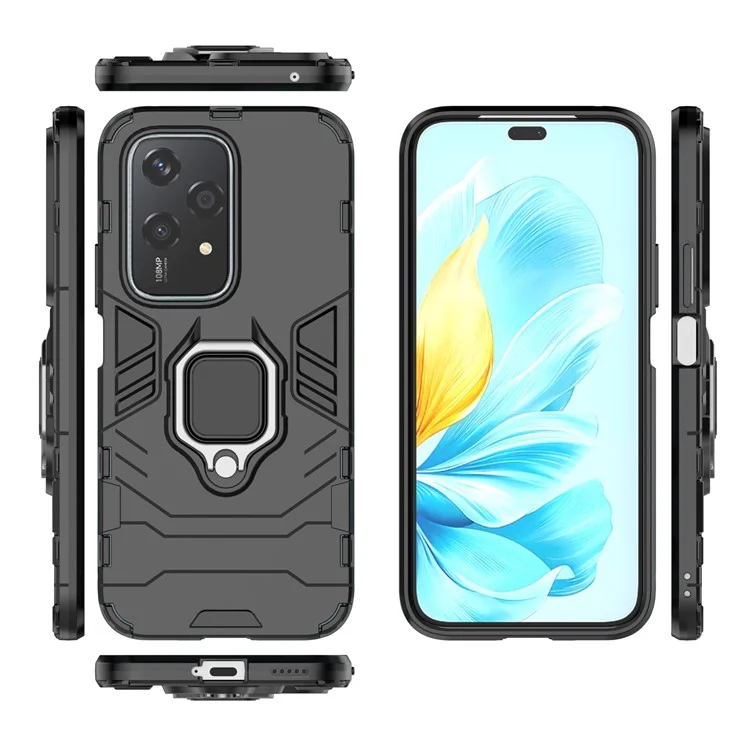 Funda para teléfono móvil For Honor 200 Lite con soporte anular y pie de apoyo, de material PC+TPU resistente a golpes - Negro
