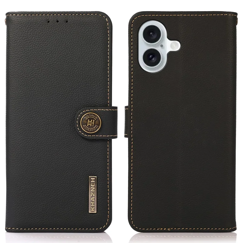 KHAZNEH For iPhone 16 Plus Case Stand Wallet RFID Blocking Genuine Cow Leather Phone Cover - Black