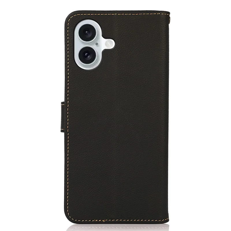 KHAZNEH For iPhone 16 Plus Case Stand Wallet RFID Blocking Genuine Cow Leather Phone Cover - Black