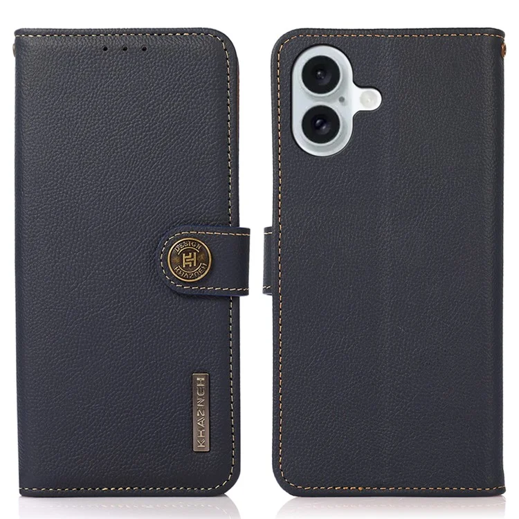 KHAZNEH For iPhone 16 Plus Case Stand Wallet RFID Blocking Genuine Cow Leather Phone Cover - Blue