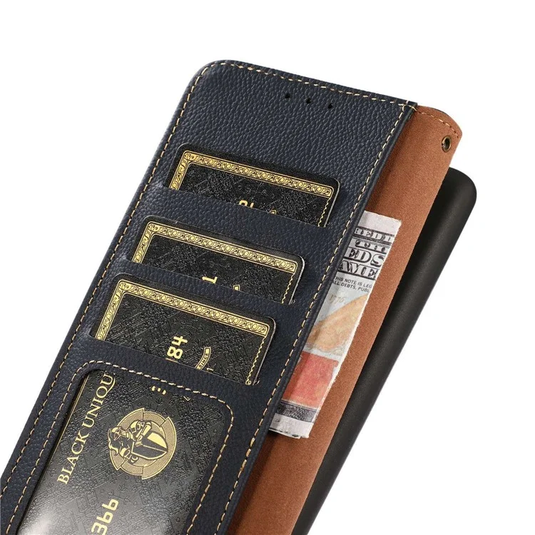 KHAZNEH For iPhone 16 Plus Case Stand Wallet RFID Blocking Genuine Cow Leather Phone Cover - Blue