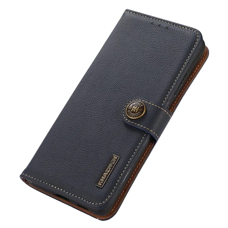 KHAZNEH For iPhone 16 Plus Case Stand Wallet RFID Blocking Genuine Cow Leather Phone Cover - Blue