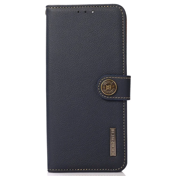 KHAZNEH For iPhone 16 Plus Case Stand Wallet RFID Blocking Genuine Cow Leather Phone Cover - Blue