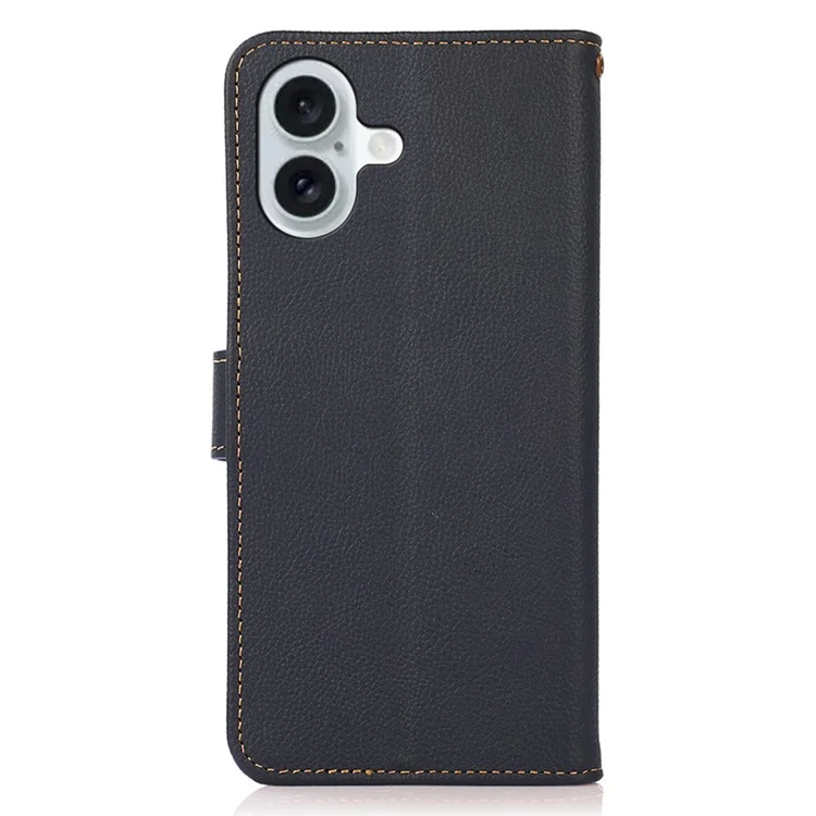 KHAZNEH For iPhone 16 Plus Case Stand Wallet RFID Blocking Genuine Cow Leather Phone Cover - Blue