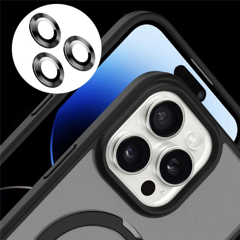 For iPhone 14 Pro Max Case Magnetic Kickstand PC+TPU Phone Case with Individual Lens Film - Grey