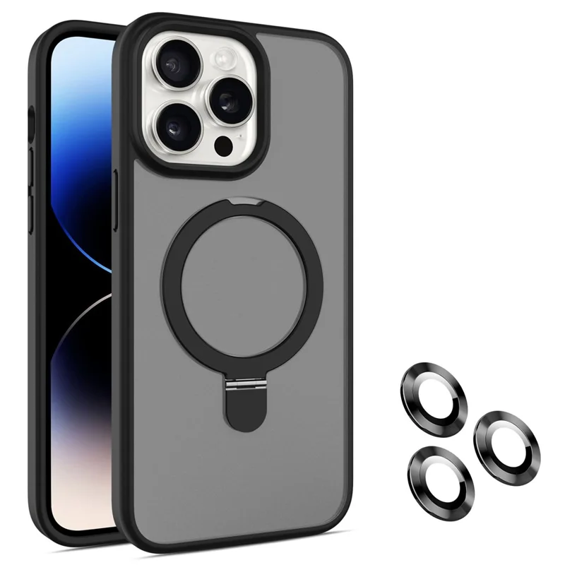 For iPhone 14 Pro Max Case Magnetic Kickstand PC+TPU Phone Case with Individual Lens Film - Black