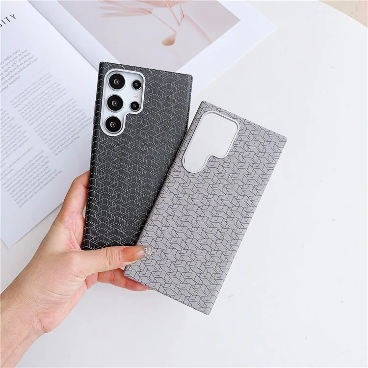 Per Samsung Galaxy S24 Ultra Case Leather+TPU Phone Cover Geometric Pattern Design - Titanium Grey