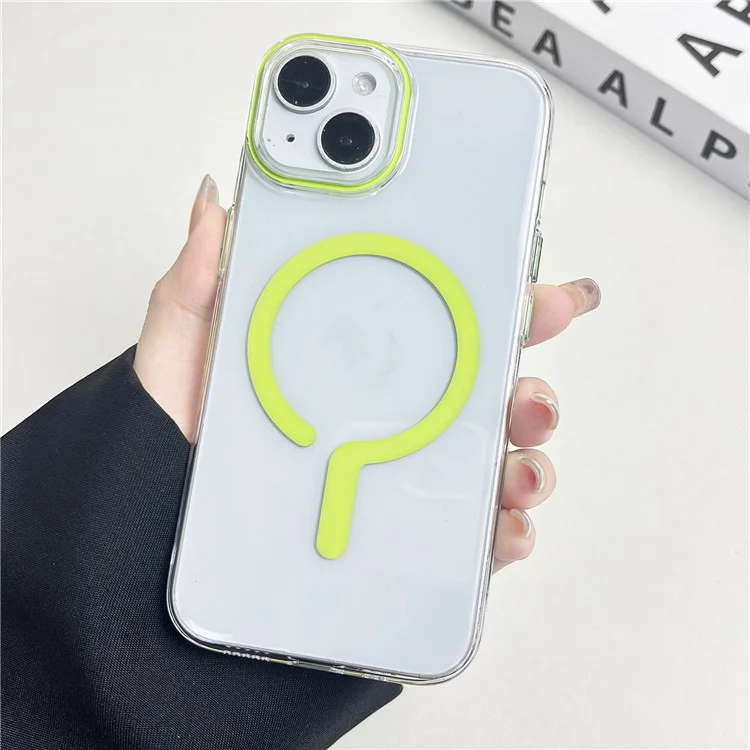 For iPhone 14 Clear Magnetic Case Hard PC+Soft TPU Protective Phone Cover - Fluorescent Green