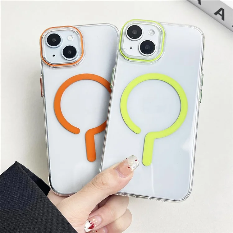 For iPhone 14 Clear Magnetic Case Hard PC+Soft TPU Protective Phone Cover - Fluorescent Green
