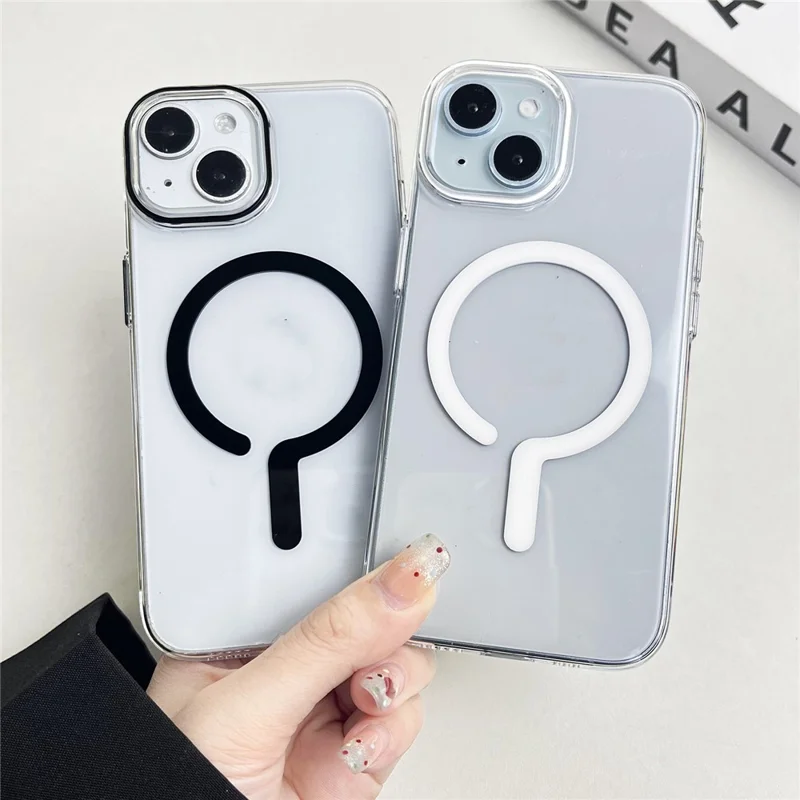 For iPhone 14 Clear Magnetic Case Hard PC+Soft TPU Protective Phone Cover - White