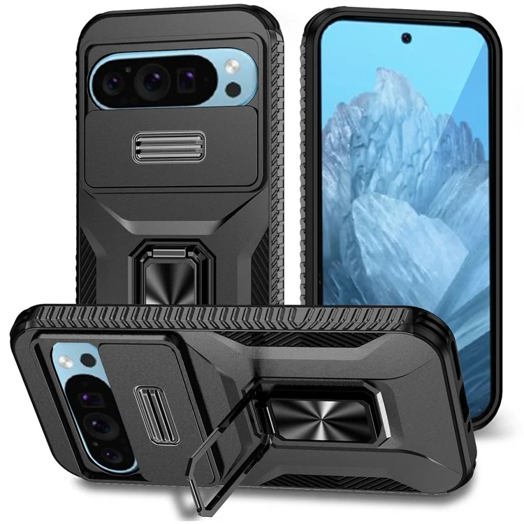 Para Google Pixel 9 / Pixel 9 Pro Kickstand Case TPU+PC Phone Cover Support Magnetic Car Mount - Preto