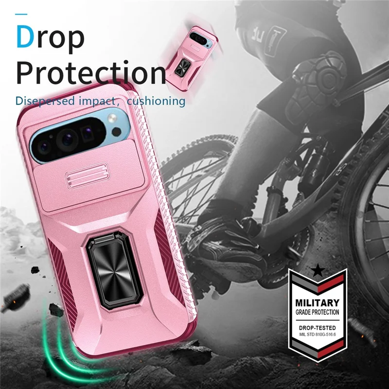 For Google Pixel 9 / Pixel 9 Pro Kickstand Case TPU+PC Phone Cover Support Magnetic Car Mount - Pink+Wine Red