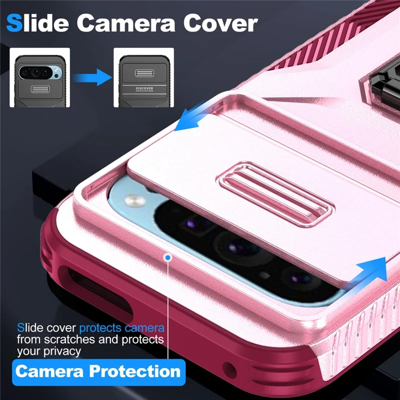 For Google Pixel 9 / Pixel 9 Pro Kickstand Case TPU+PC Phone Cover Support Magnetic Car Mount - Pink+Wine Red