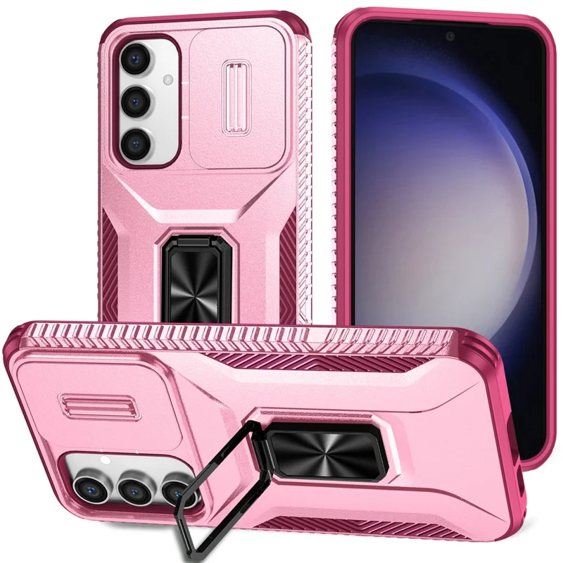 For Samsung Galaxy S23 FE Kickstand Case TPU+PC Phone Protector with Slide Lens Cover - Pink+Wine Red