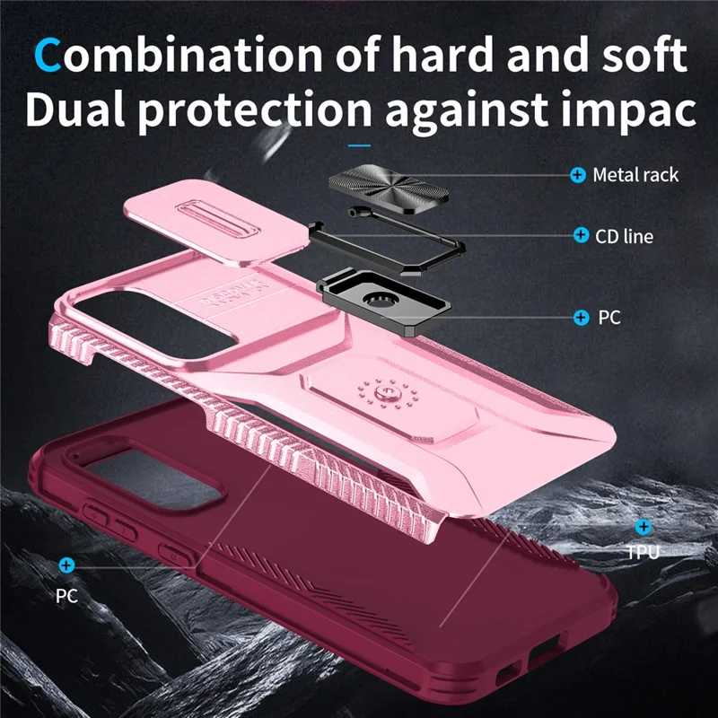 For Samsung Galaxy S23 FE Kickstand Case TPU+PC Phone Protector with Slide Lens Cover - Pink+Wine Red