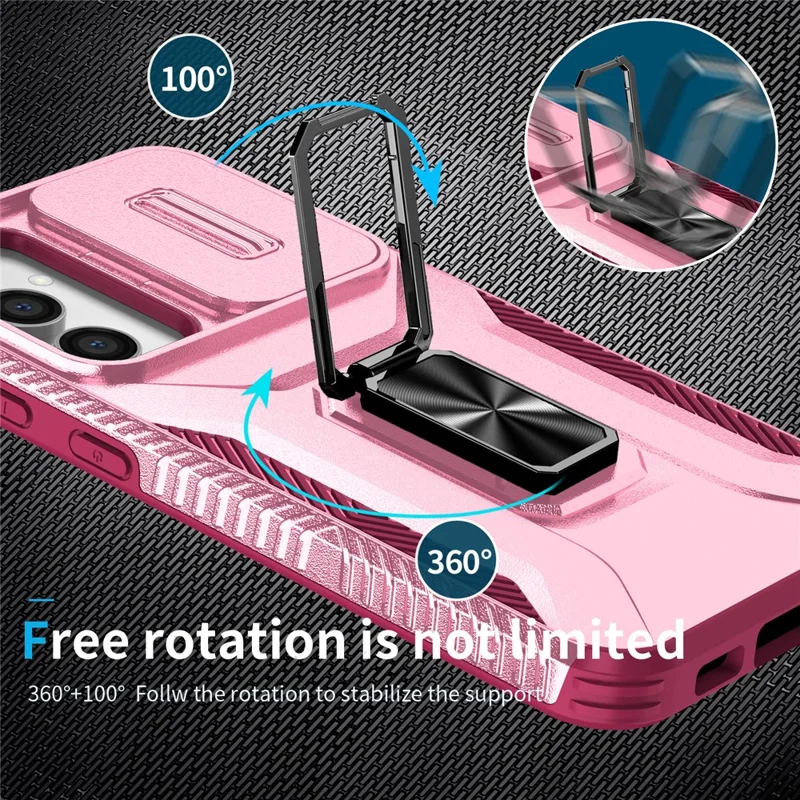 For Samsung Galaxy S23 FE Kickstand Case TPU+PC Phone Protector with Slide Lens Cover - Pink+Wine Red