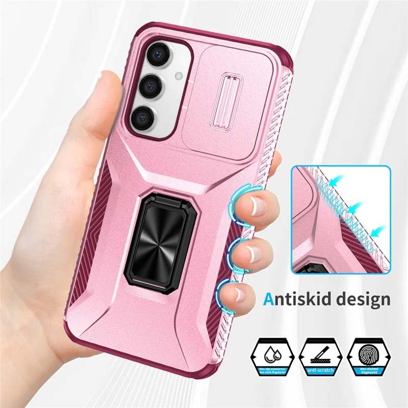 For Samsung Galaxy S23 FE Kickstand Case TPU+PC Phone Protector with Slide Lens Cover - Pink+Wine Red