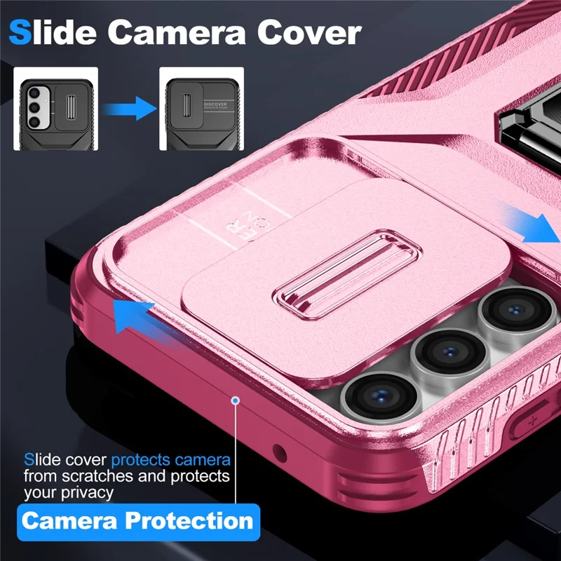 For Samsung Galaxy S23 FE Kickstand Case TPU+PC Phone Protector with Slide Lens Cover - Pink+Wine Red
