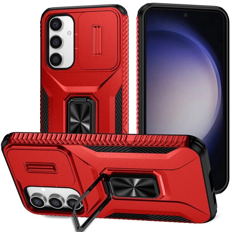 For Samsung Galaxy S23 FE Kickstand Case TPU+PC Phone Protector with Slide Lens Cover - Red