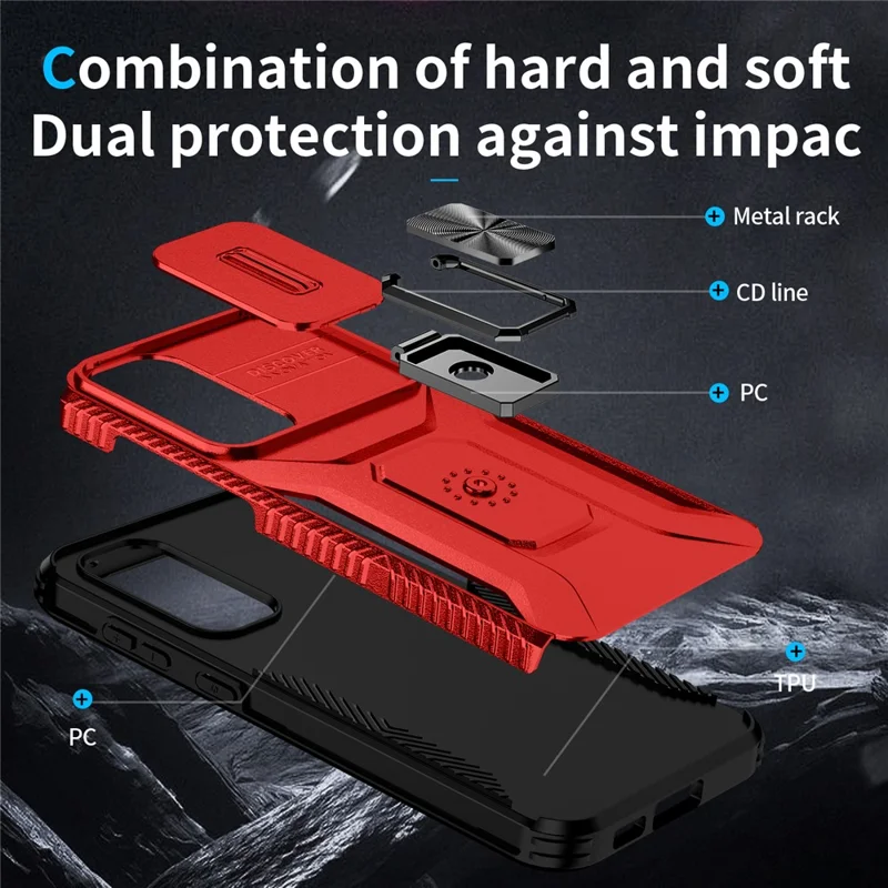 For Samsung Galaxy S23 FE Kickstand Case TPU+PC Phone Protector with Slide Lens Cover - Red