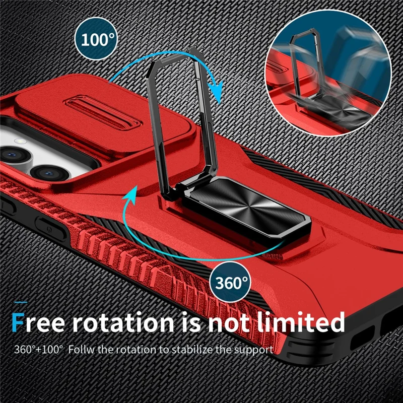 For Samsung Galaxy S23 FE Kickstand Case TPU+PC Phone Protector with Slide Lens Cover - Red